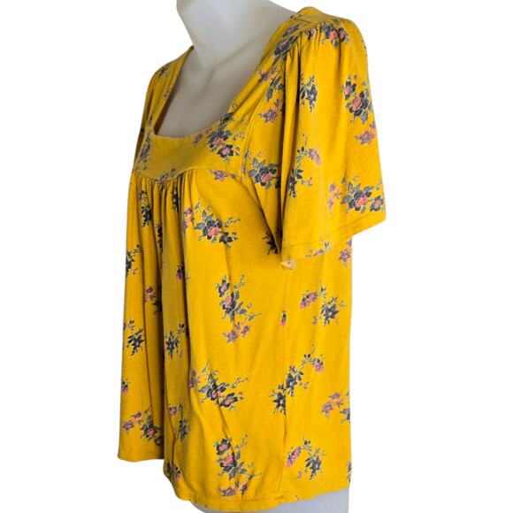 Lucky Brand Floral Knit Top Small Mustard Yellow Cottagecore Short Sleeve - Picture 3 of 5